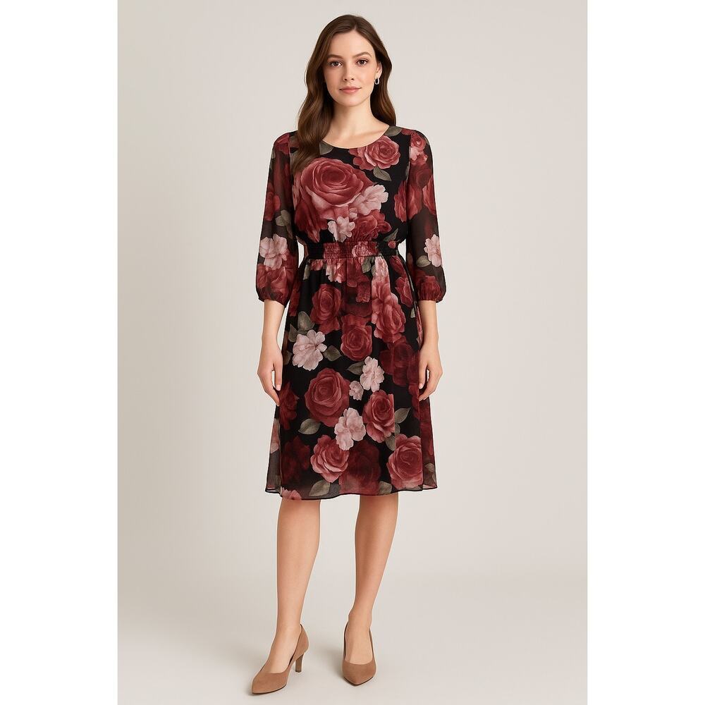 Kate and Lily Whimsigoth Rose Print Chiffon romantic floral Midi Dress Size 8